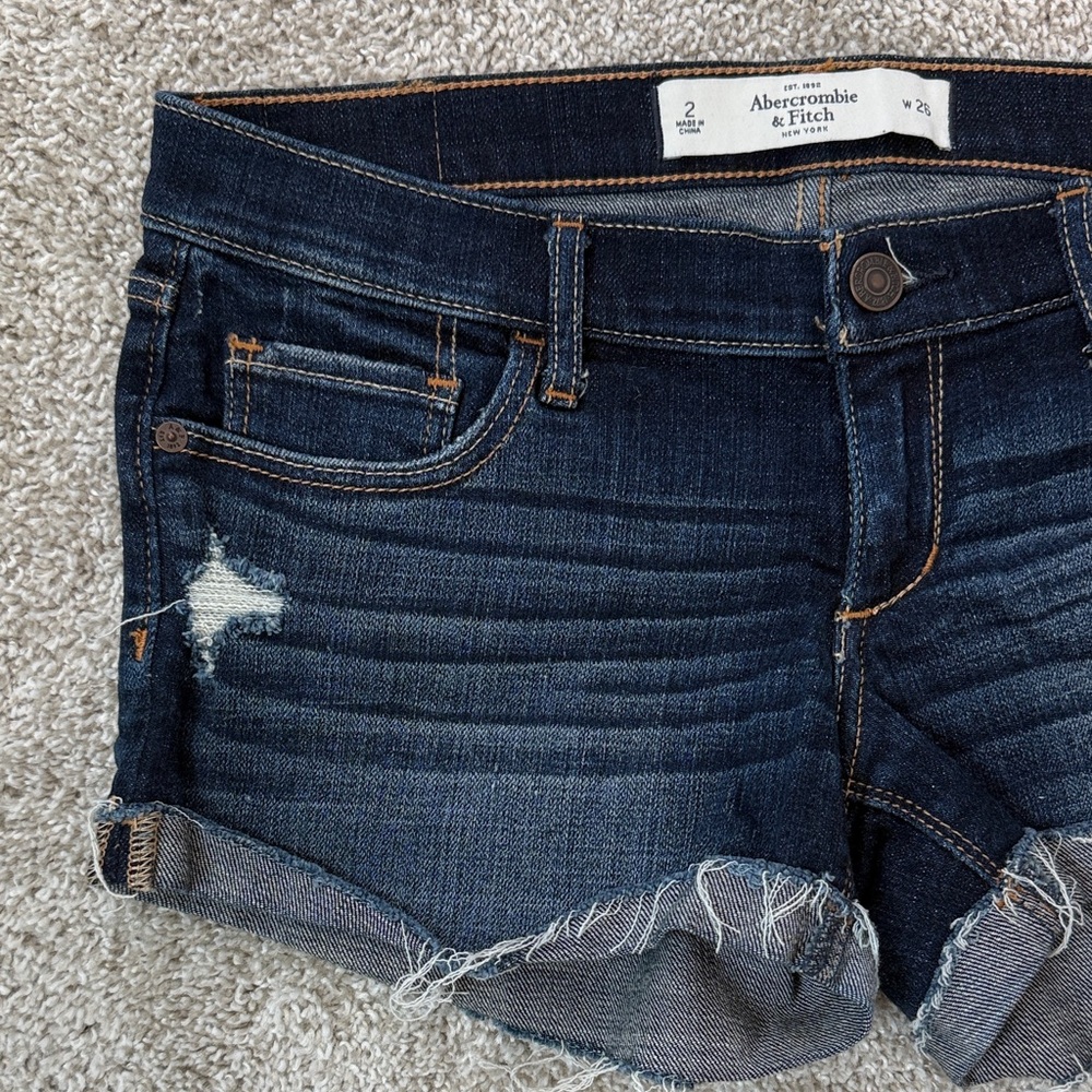 Abercrombie & Fitch Dark Blue Distressed Roll-Cuff Denim Shorts - Picture 2 of 5